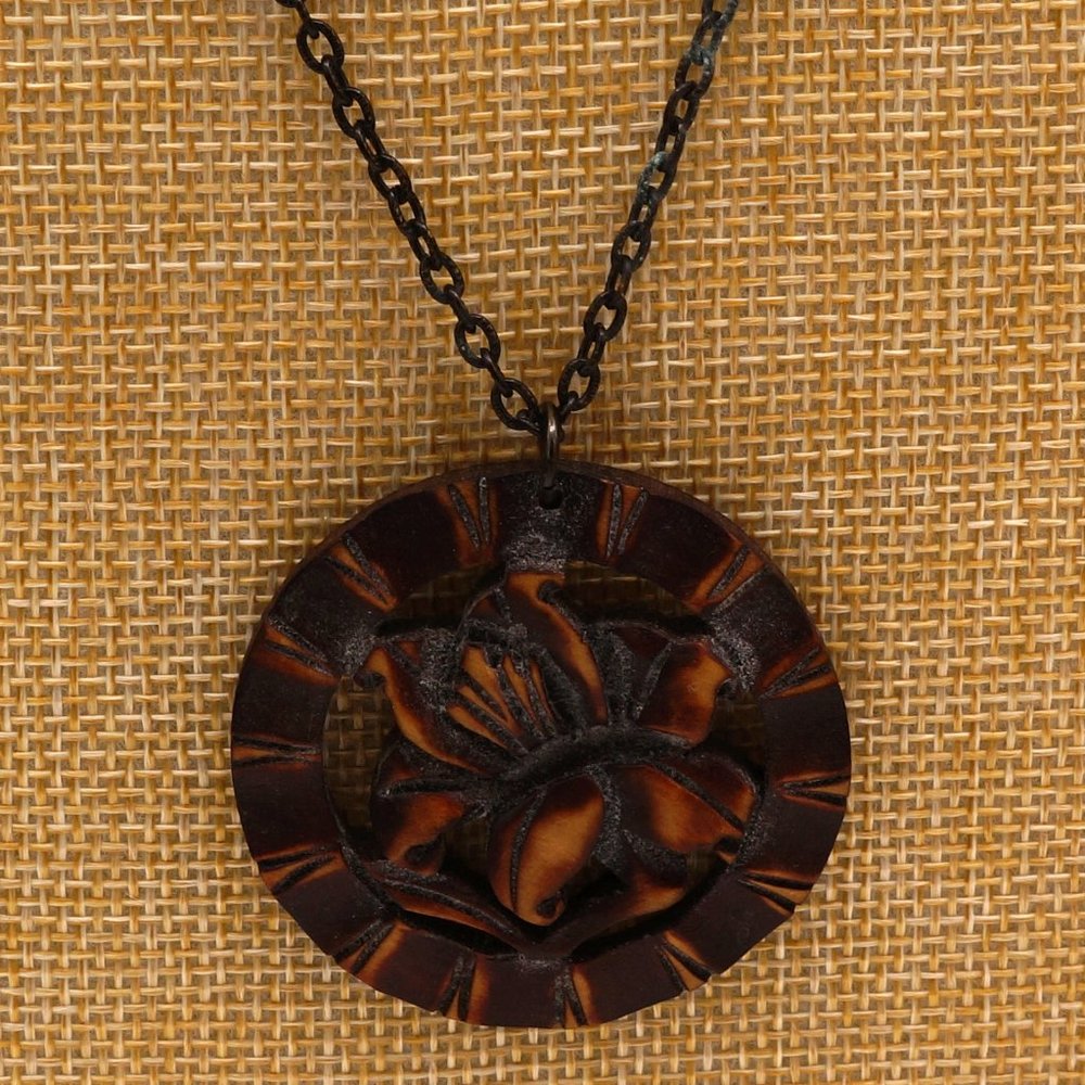 Vintage Wood Carved Orchid Pendant and Textured Brass Necklace 28 Inch